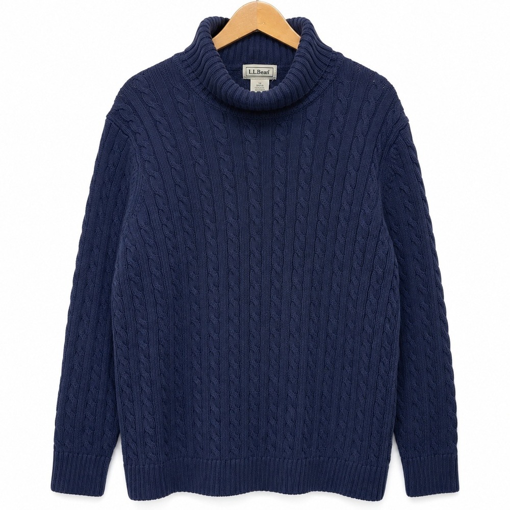 L.L.Bean Women 1X Navy Fisherman Cable Knit Turtleneck Sweater 100% Cotton